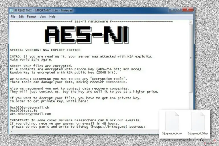Ransom note by .Aes_ni_0day file extension virus